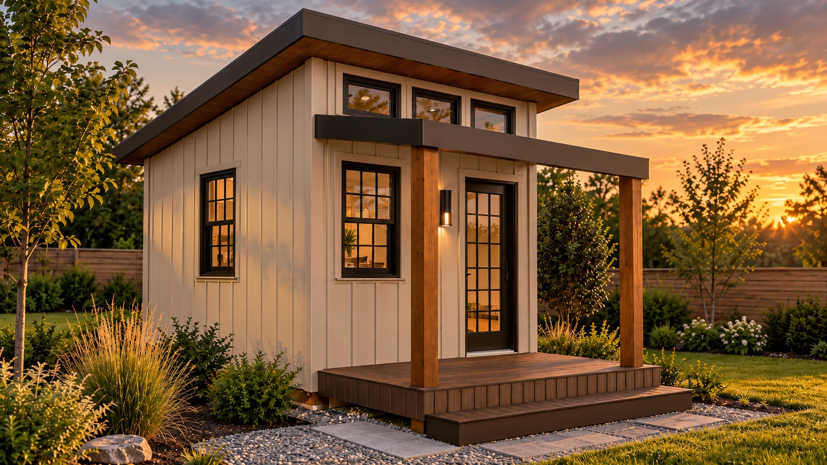 10 by 12 foot BlueWood Studio Craft Studio with a shed roof, clerestory windows and covered front porch at sunset