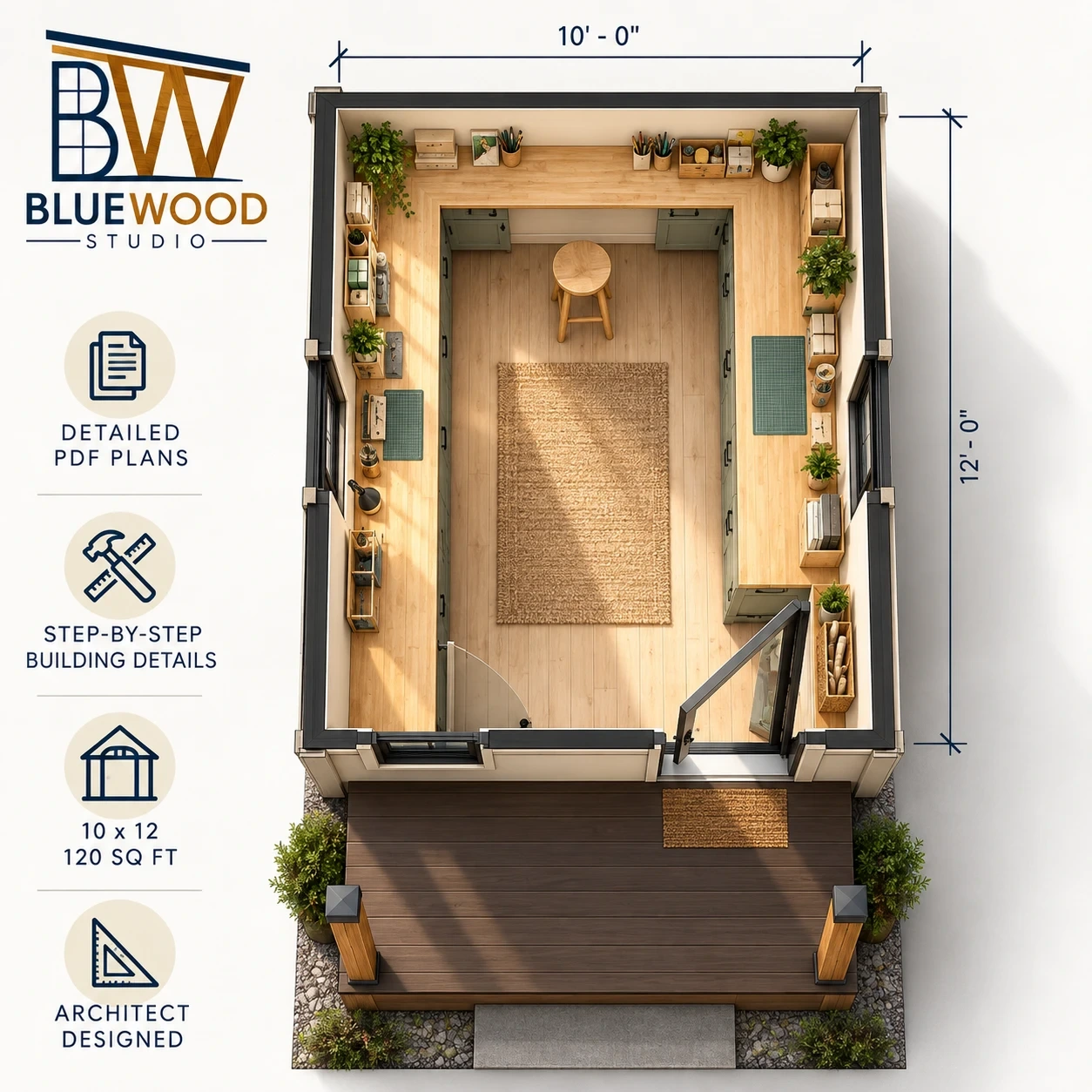 Furnished floor plan for the 10 by 12 foot Craft Studio with wraparound counters and a covered porch