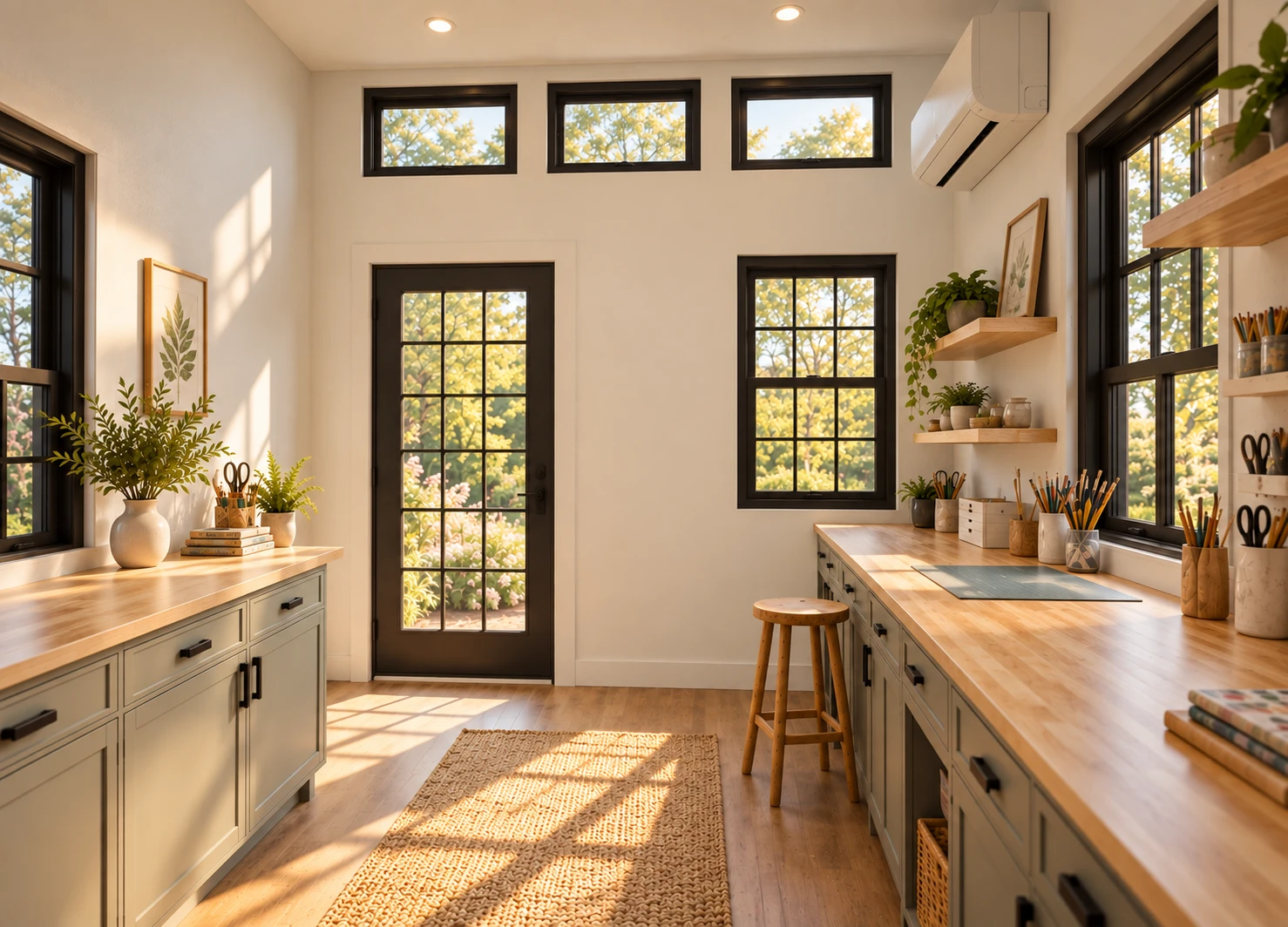 Interior of the 10 by 12 foot Craft Studio looking toward the glass entry door, with butcher-block counters and clerestory windows