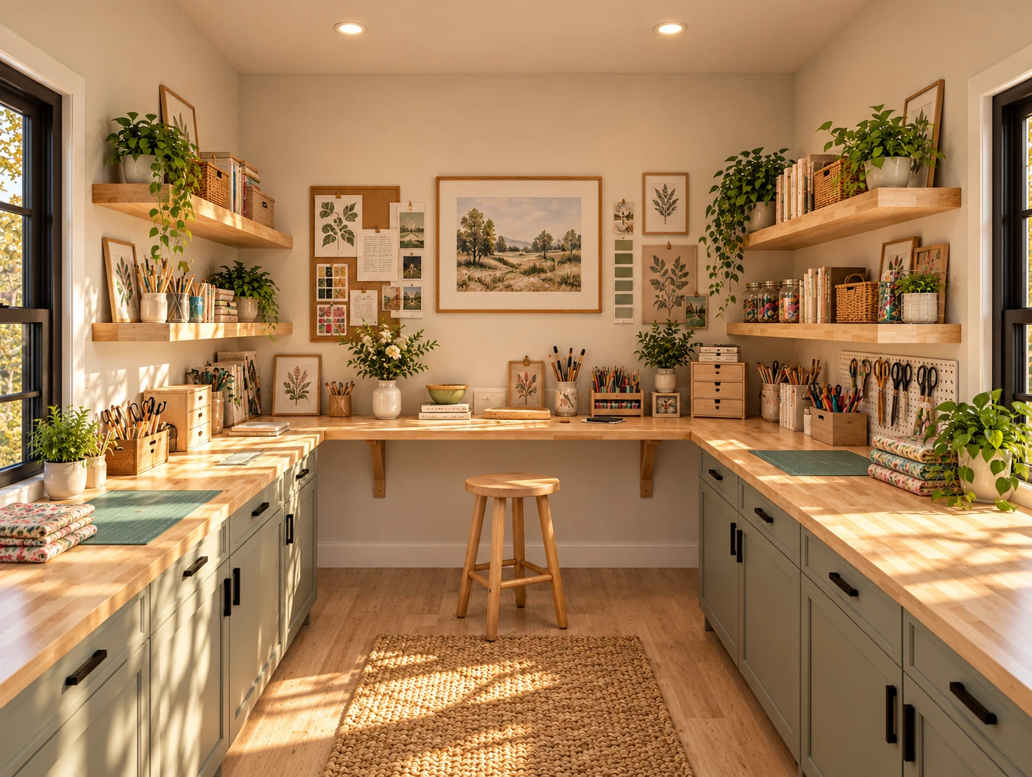 U-shaped butcher-block work counters, open shelves and craft supplies inside the 10 by 12 foot Craft Studio
