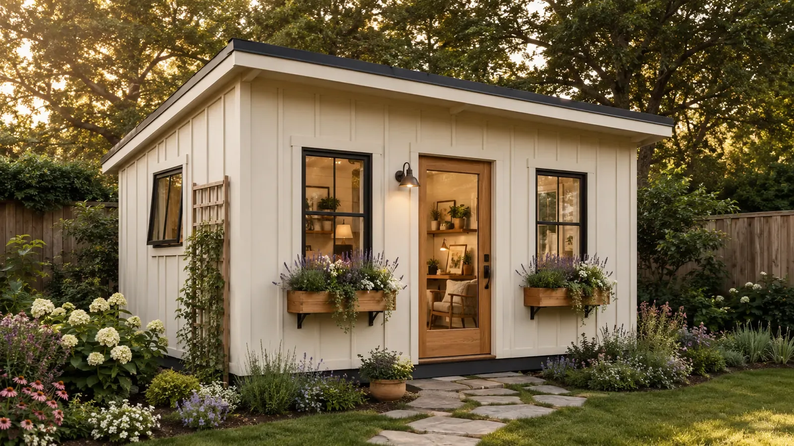Cream board-and-batten backyard garden room with a gable roof