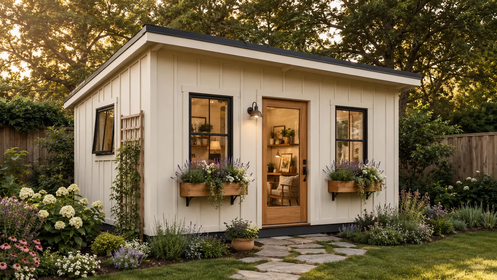 The Cottage Garden Room — cream board-and-batten garden shed exterior