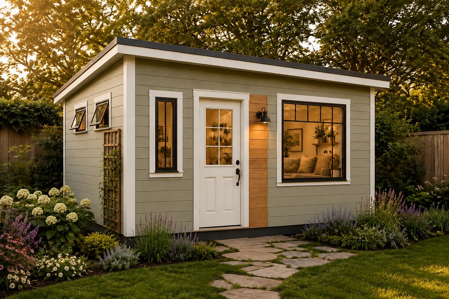 The Sage Writing Retreat — sage green backyard studio exterior