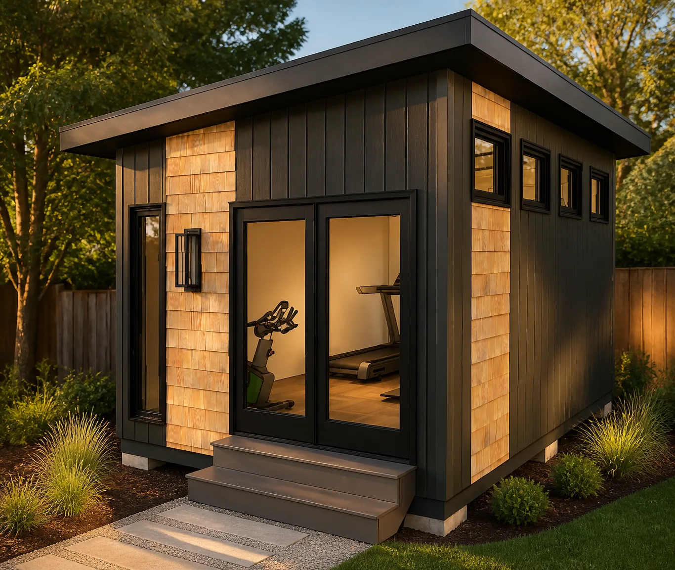 12 by 16 foot modern backyard Fitness Studio exterior at sunset