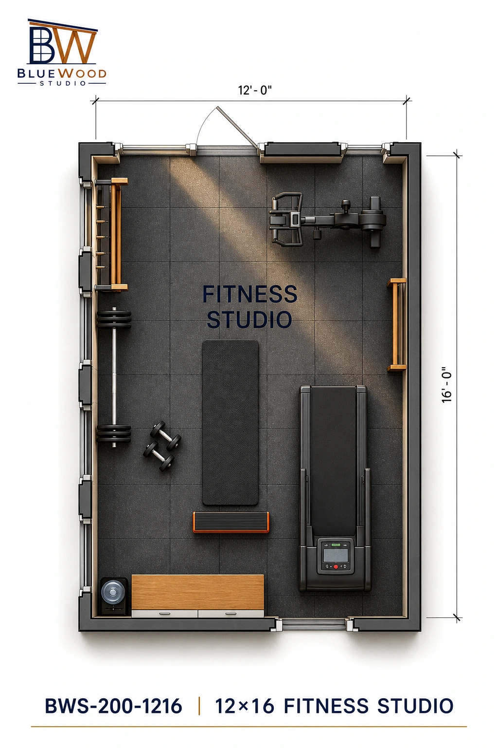 Furnished floor plan for the 12 by 16 foot Fitness Studio