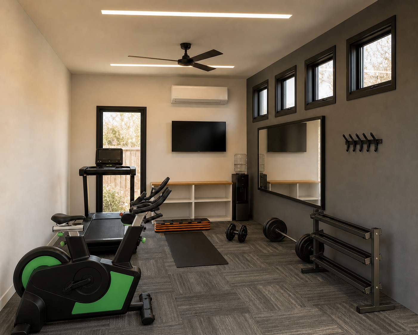 Interior of the 12 by 16 foot Fitness Studio with cardio and strength equipment