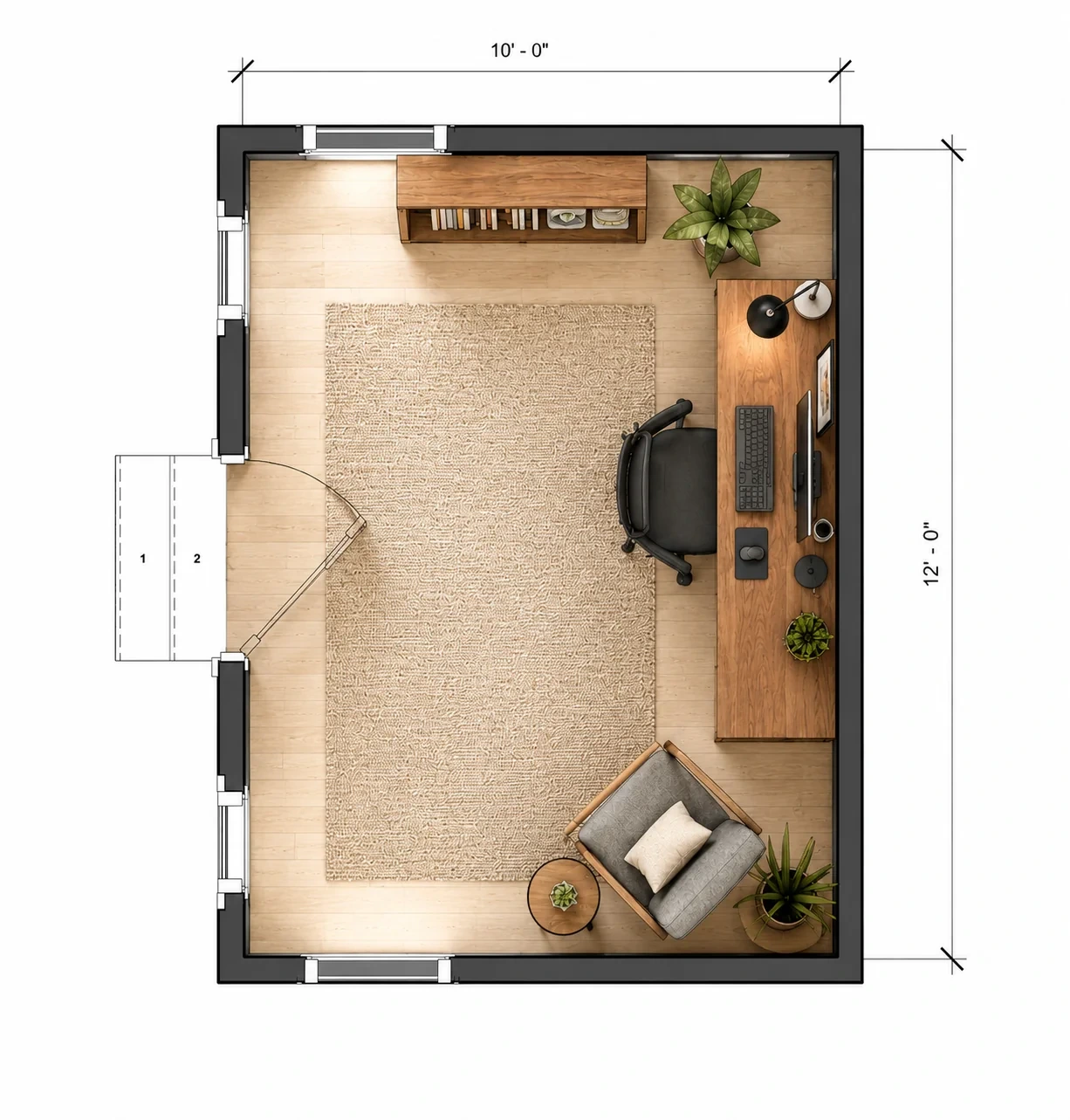 Garden Studio floor plan, size-specific backyard office layout