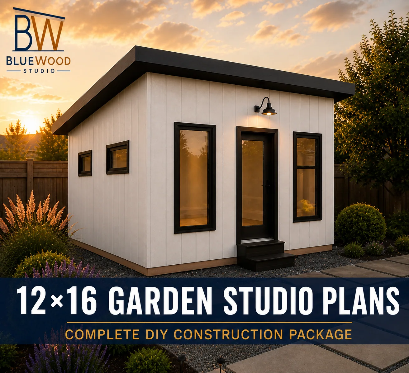 12 by 16 foot Garden Studio exterior at sunset