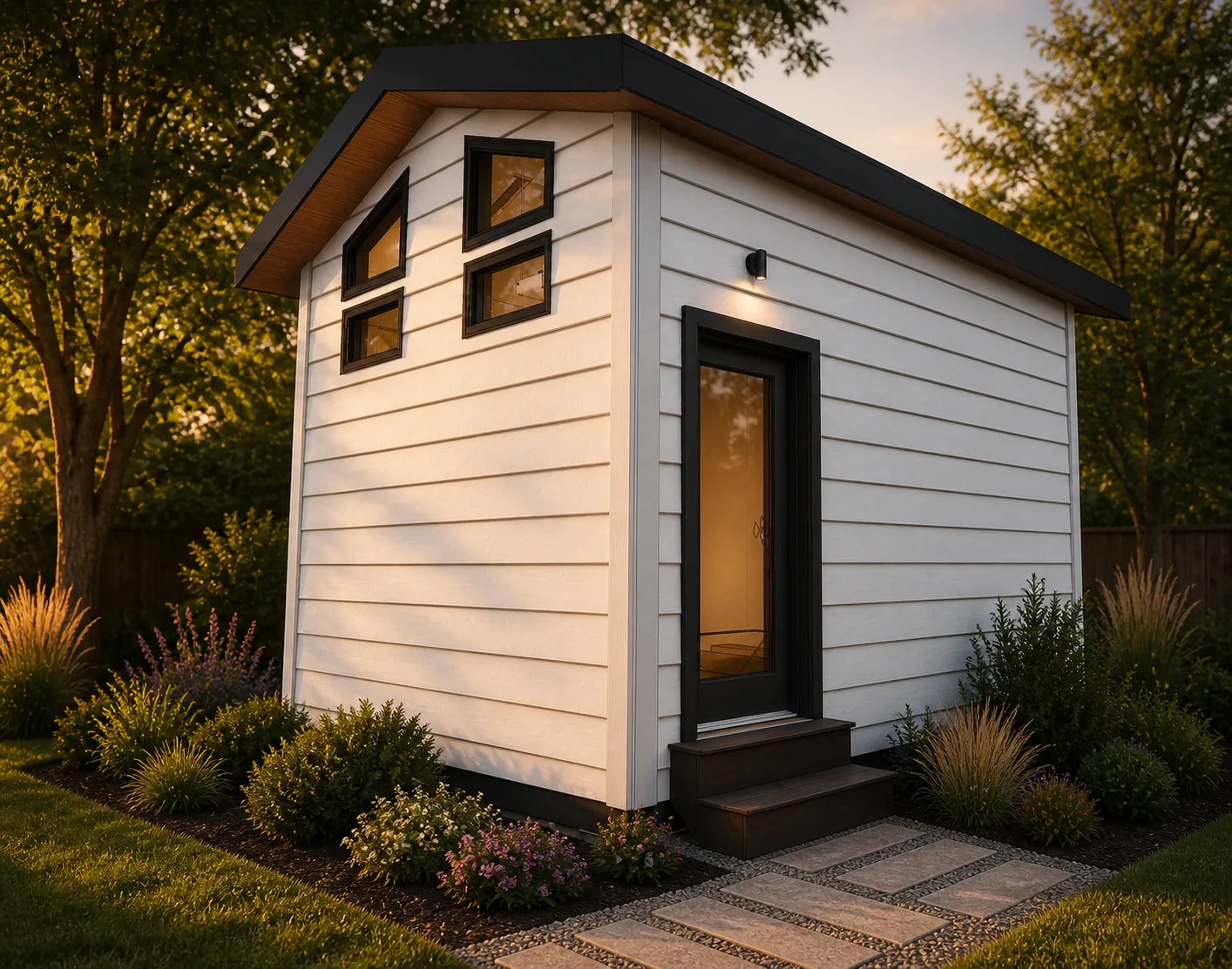 12 by 16 foot BlueWood Studio Golf Studio exterior at golden hour