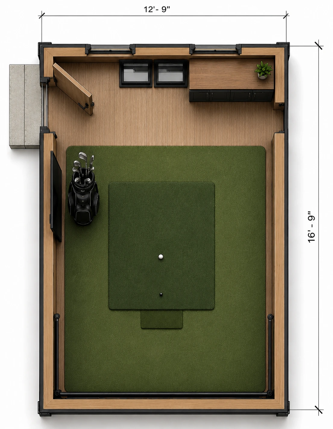 Furnished floor plan for the 12 by 16 foot BlueWood Studio Golf Studio