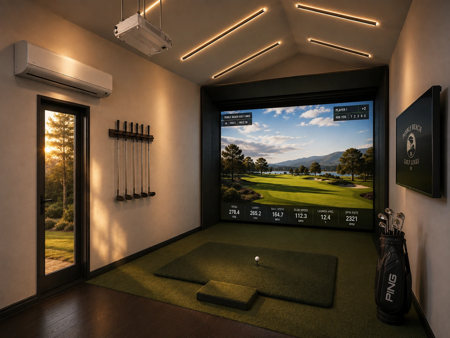 Interior of the 12 by 16 foot BlueWood Studio Golf Studio with a golf simulator