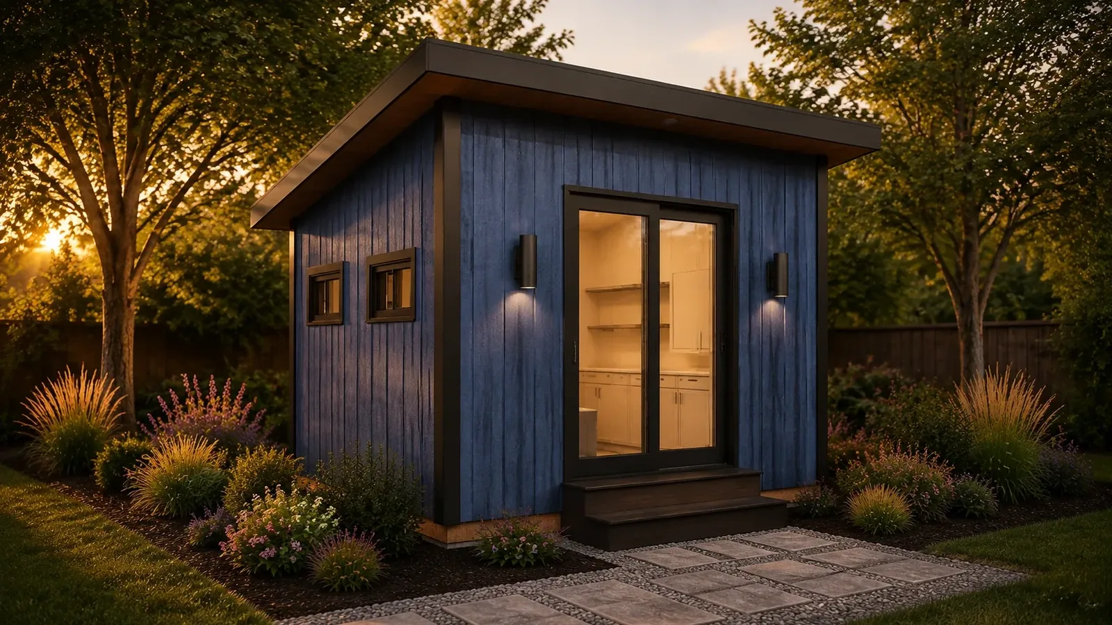 10 by 12 foot BlueWood Studio Lounge Studio exterior at golden hour