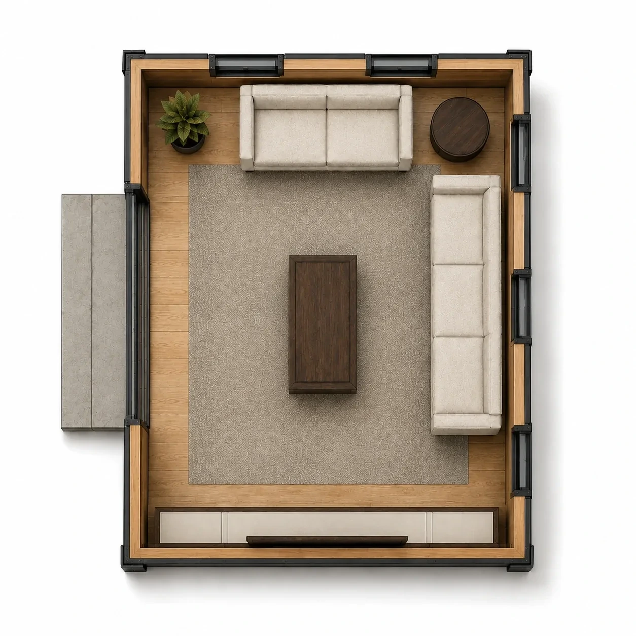 Furnished floor plan for the 10 by 12 foot Lounge Studio