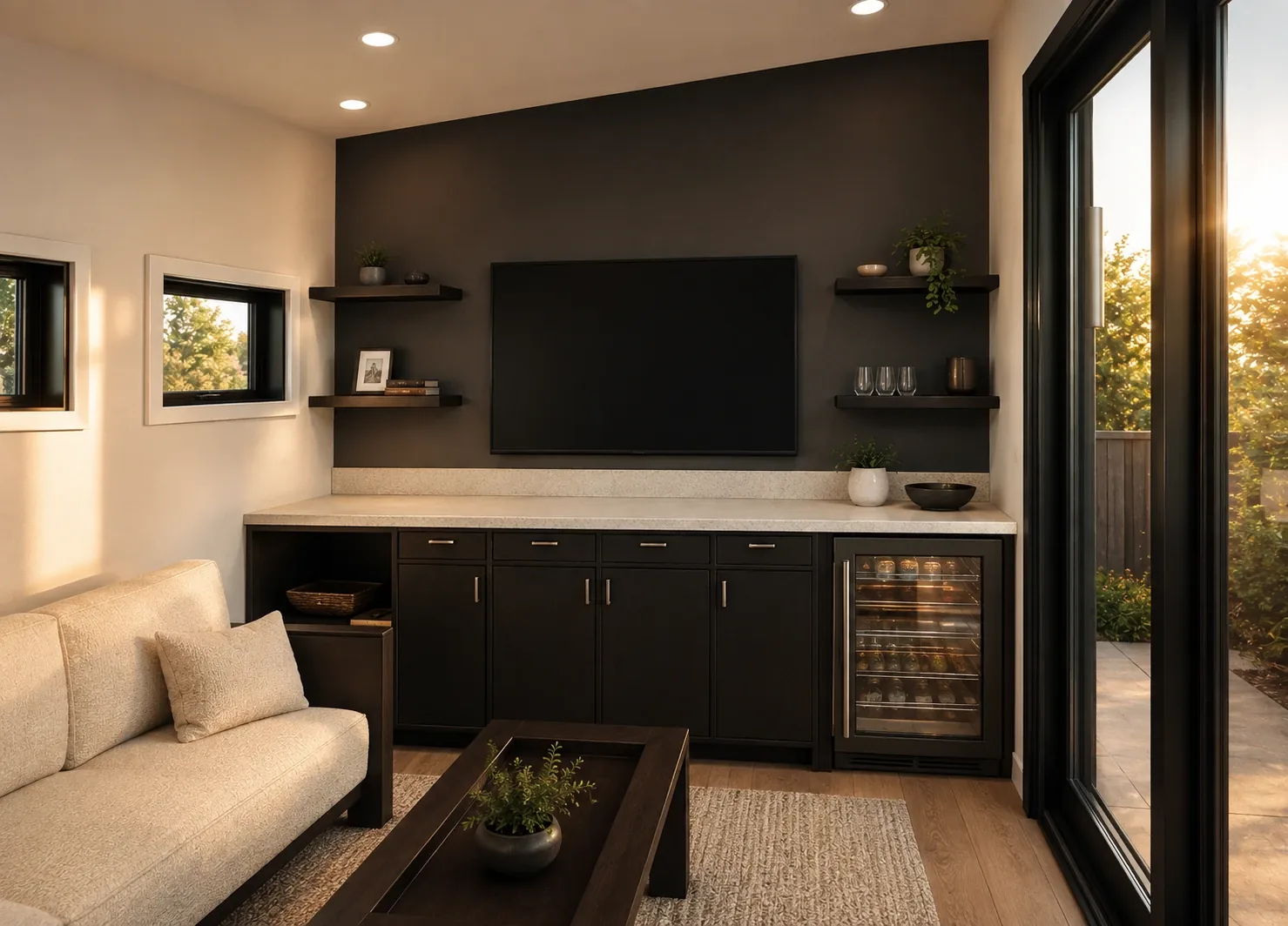 Interior of the 10 by 12 foot Lounge Studio, showing the media wall, built-in cabinetry and beverage fridge