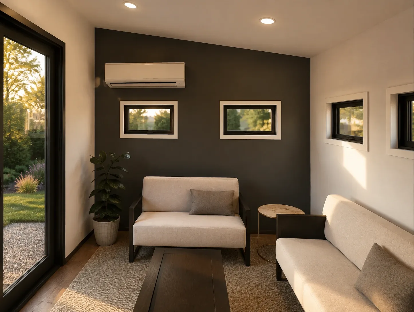 Seating area inside the 10 by 12 foot Lounge Studio, with sofas, a mini-split heat pump and the sliding glass door