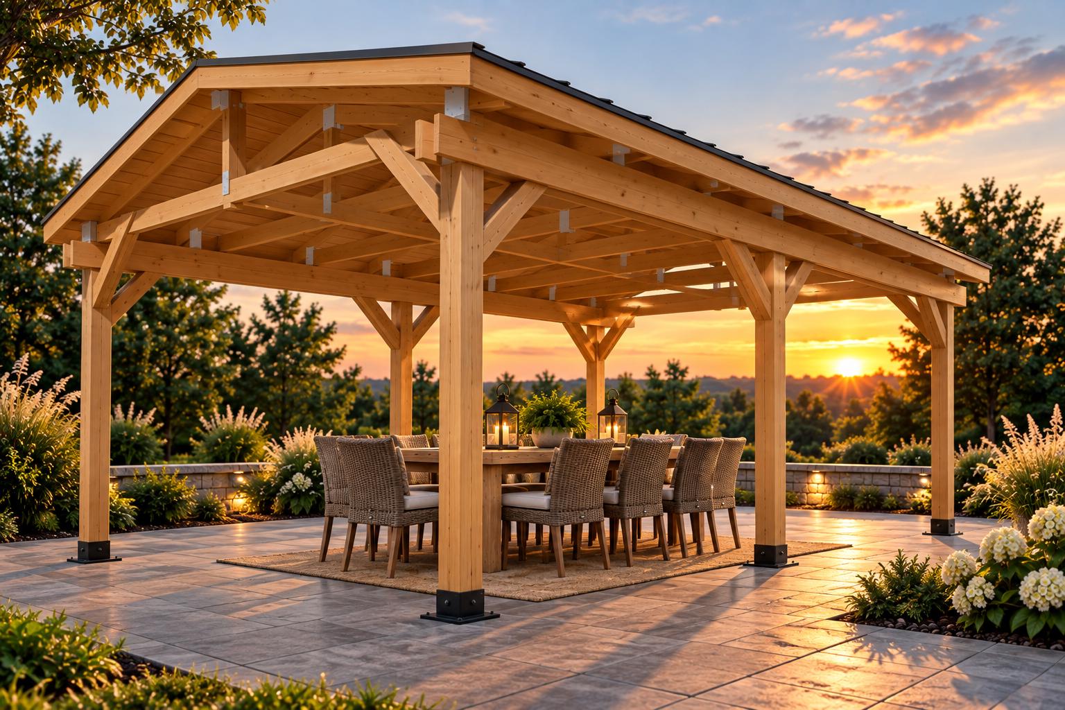 BWS-PV-01 Modern Gable Pavilion over a backyard patio dining area at sunset