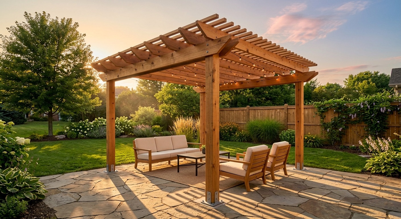 BWS-PG-01 Parametric Pergola over a backyard patio seating area at sunset