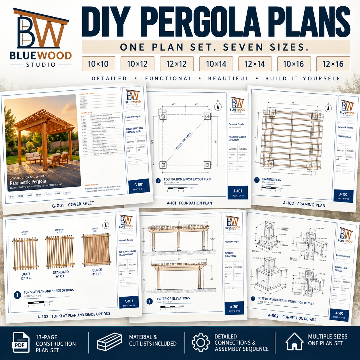 BWS-PG-01 Parametric Pergola construction document set — cover sheet, foundation, framing, elevations and connection detail sheets