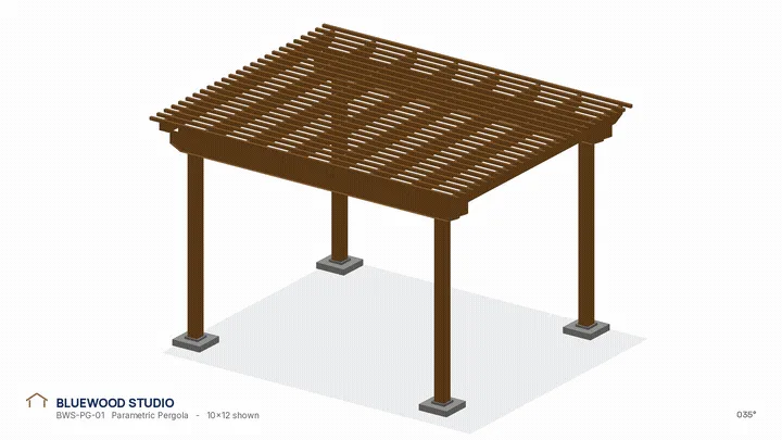 3D isometric render of the BWS-PG-01 Modern Slat Pergola, 10 by 12 foot size shown