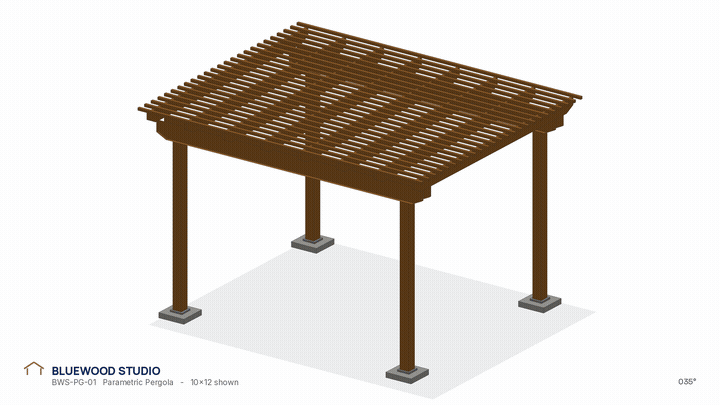 3D isometric render of the BWS-PG-01 Parametric Pergola, 10 by 12 foot size shown