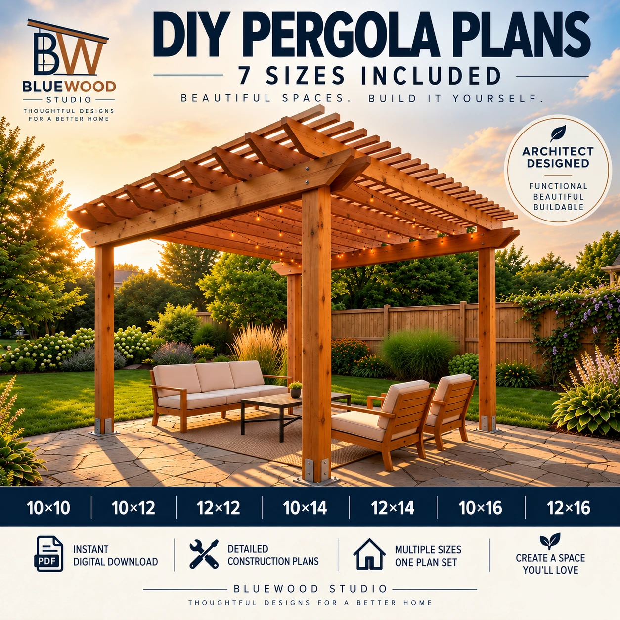 BWS-PG-01 Parametric Pergola available in 7 sizes from 10x10 to 12x16, one plan set