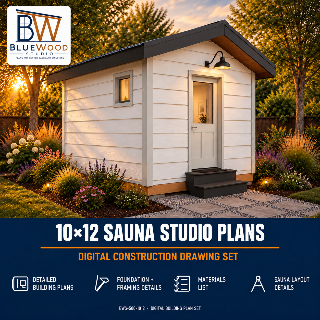 BWS-500-1012 Sauna Studio exterior with white clapboard siding and a gable metal roof