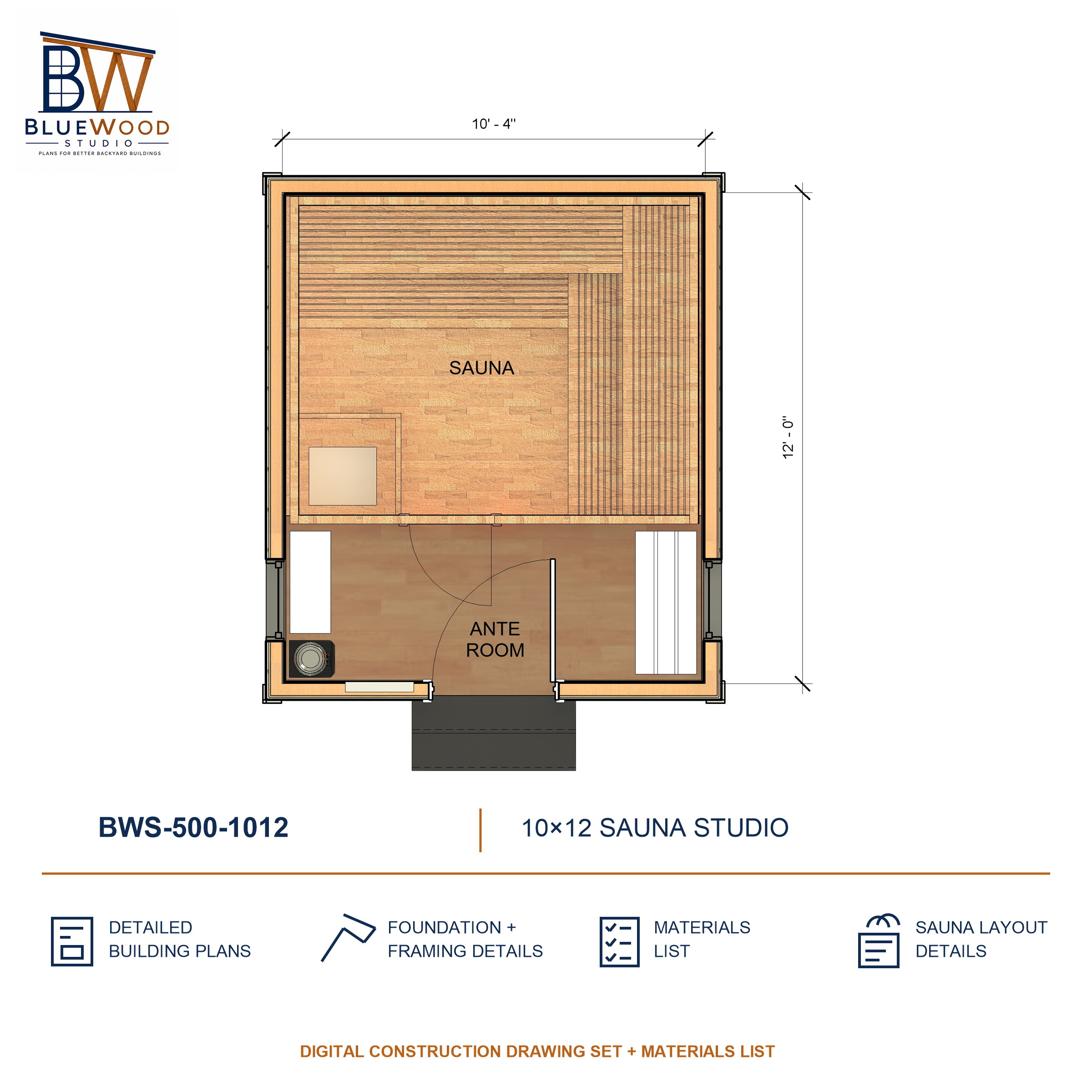 BWS-500-1012 furnished floor plan showing the sauna and separate ante room