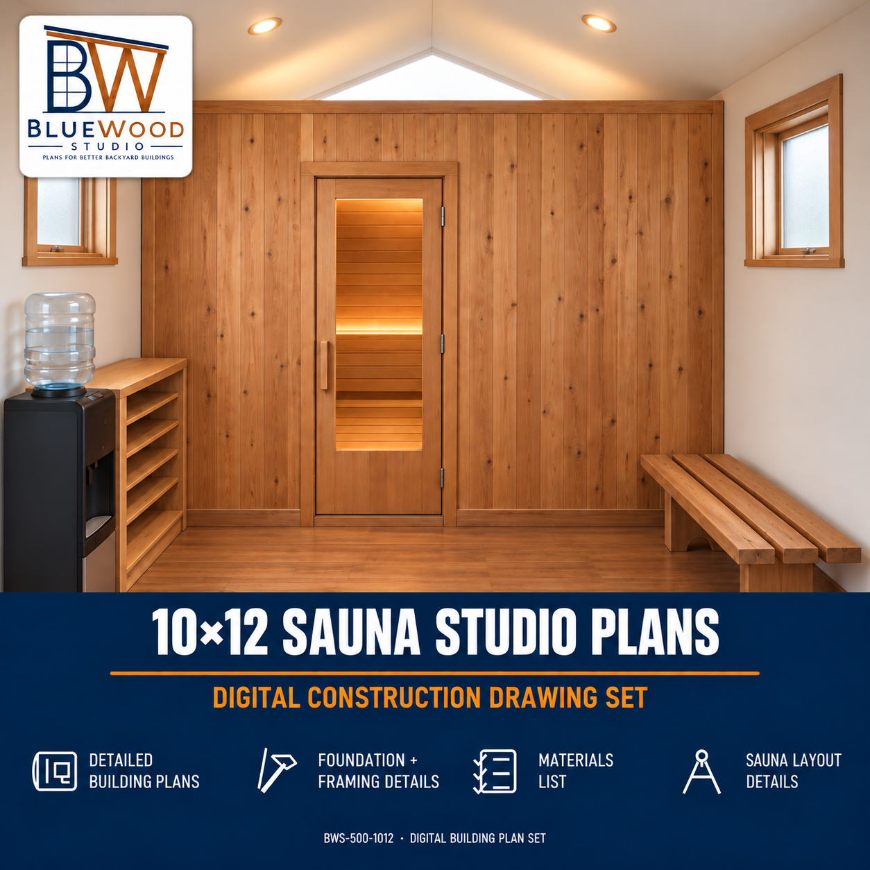 Sauna Studio changing area with a wood bench, storage, and glazed sauna door